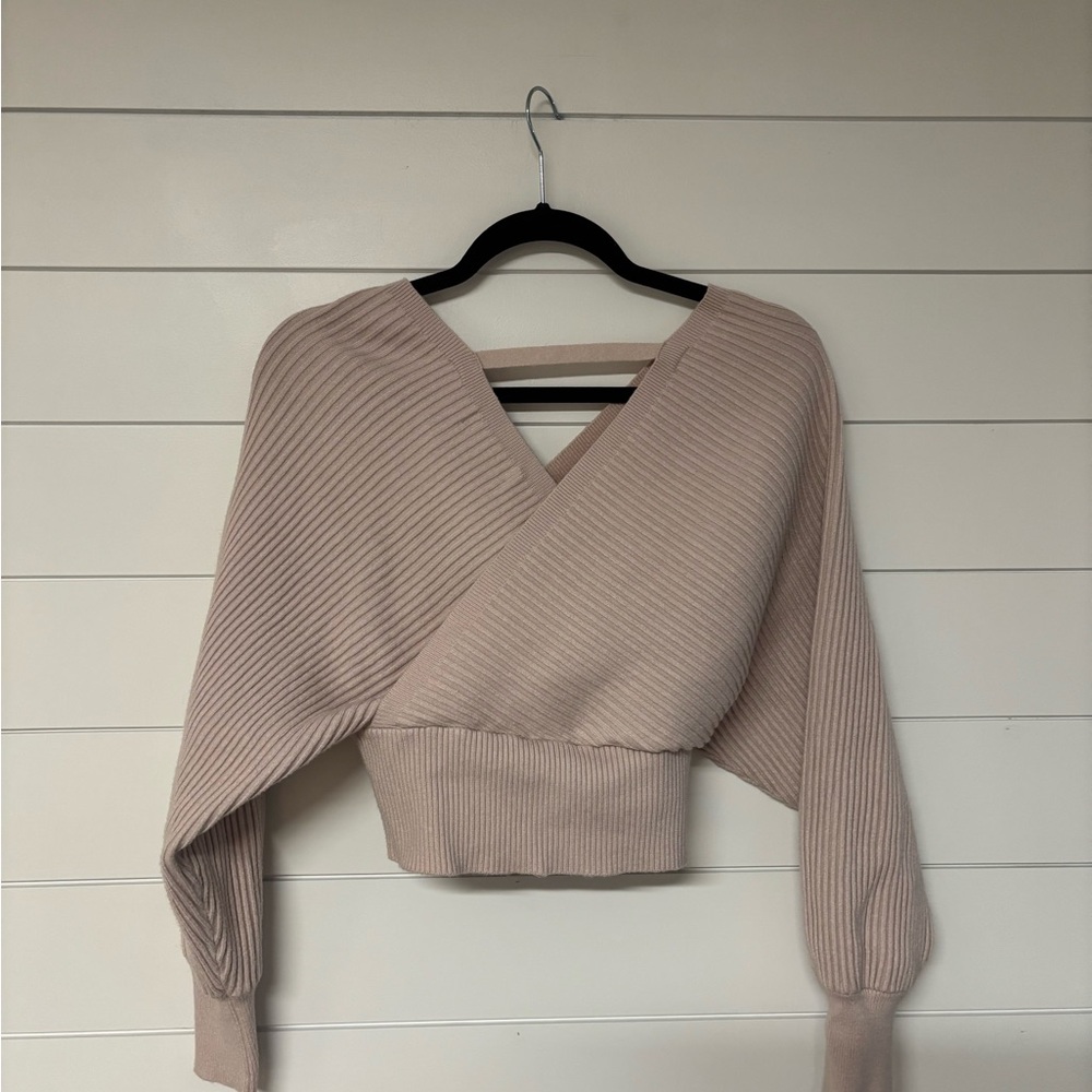 Beige V-Neck Ribbed Sweater - Picture 2 of 3